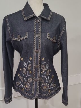 Analogy Embroidered Dark Gray Denim Jacket with Gold & White Accents - Size L